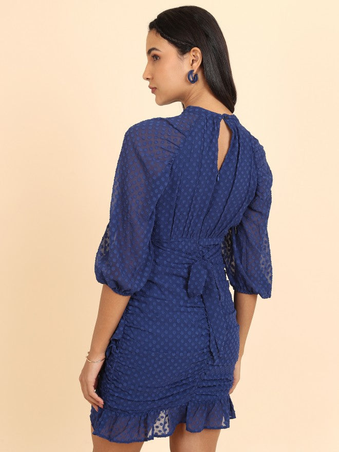 Tokyo Talkies Women Navy Blue Self Design Wrap Dress - Navy Blue - Image 3