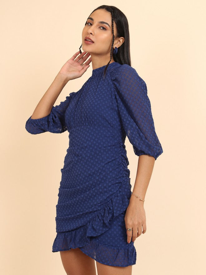 Tokyo Talkies Women Navy Blue Self Design Wrap Dress - Navy Blue - Image 4