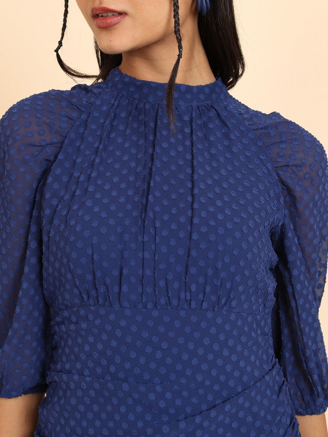 Tokyo Talkies Women Navy Blue Self Design Wrap Dress - Navy Blue - Image 5