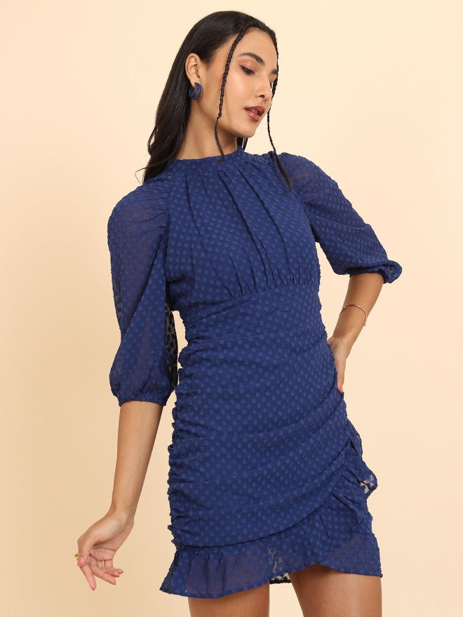 Tokyo Talkies Women Navy Blue Self Design Wrap Dress - Navy Blue - Image 6