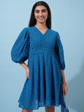 Tokyo Talkies Women Blue Self Design Fit and Flare Dress - Blue - Image 1