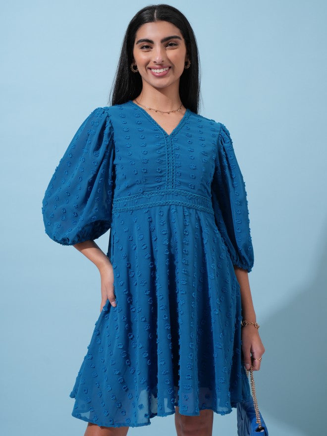 Tokyo Talkies Women Blue Self Design Fit and Flare Dress - Blue - Image 1