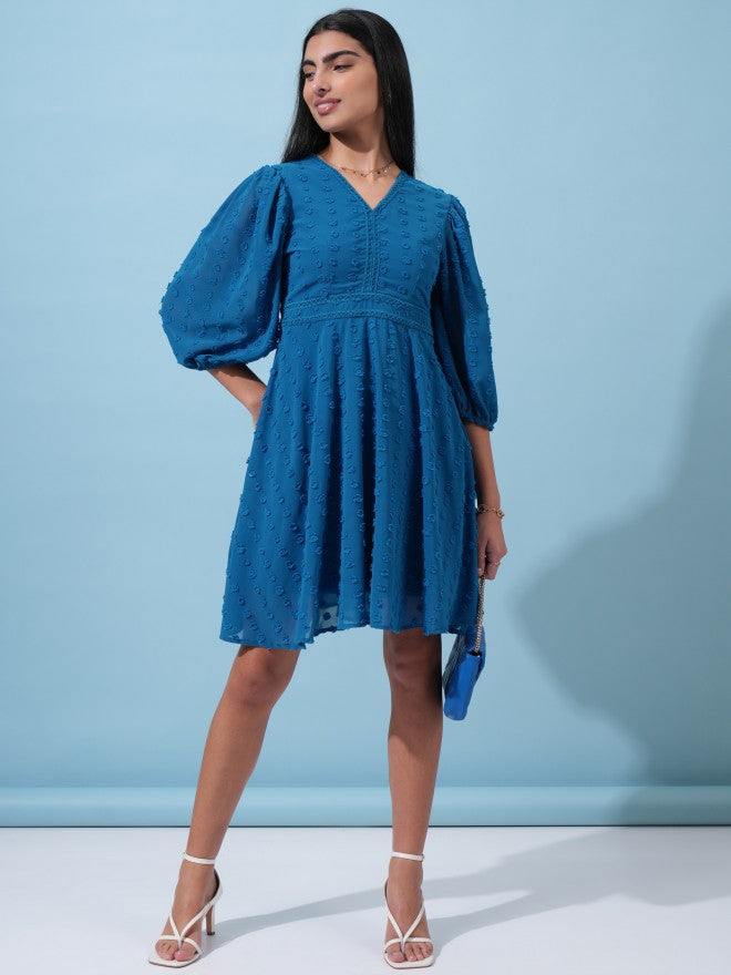 Tokyo Talkies Women Blue Self Design Fit and Flare Dress - Blue - Image 2