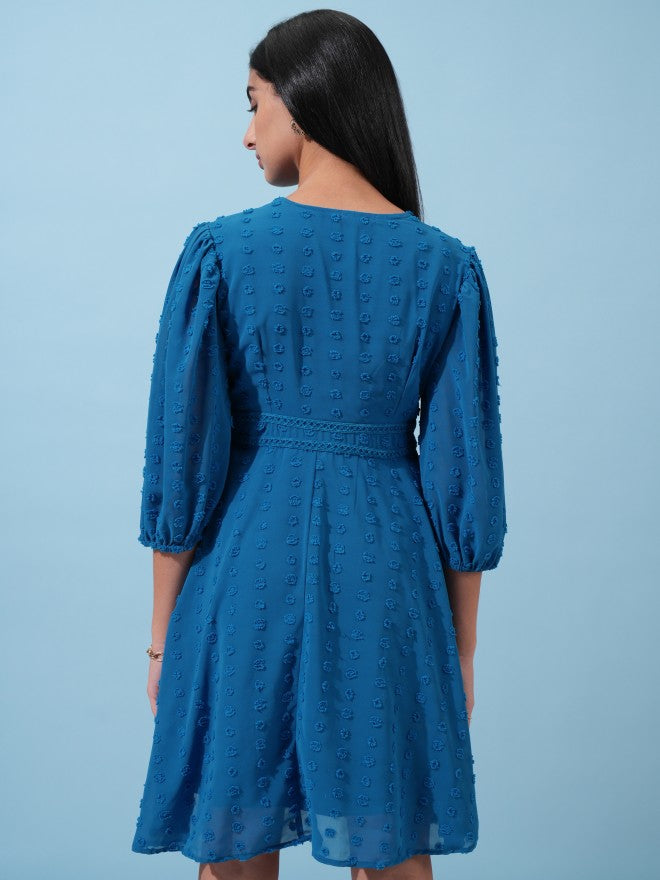 Tokyo Talkies Women Blue Self Design Fit and Flare Dress - Blue - Image 3