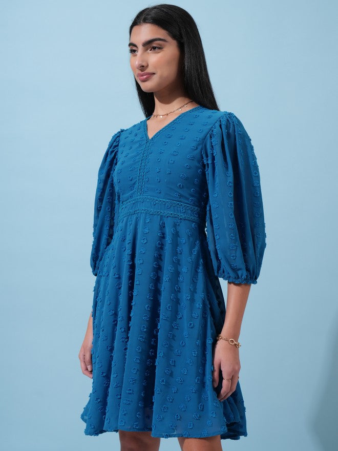 Tokyo Talkies Women Blue Self Design Fit and Flare Dress - Blue - Image 4