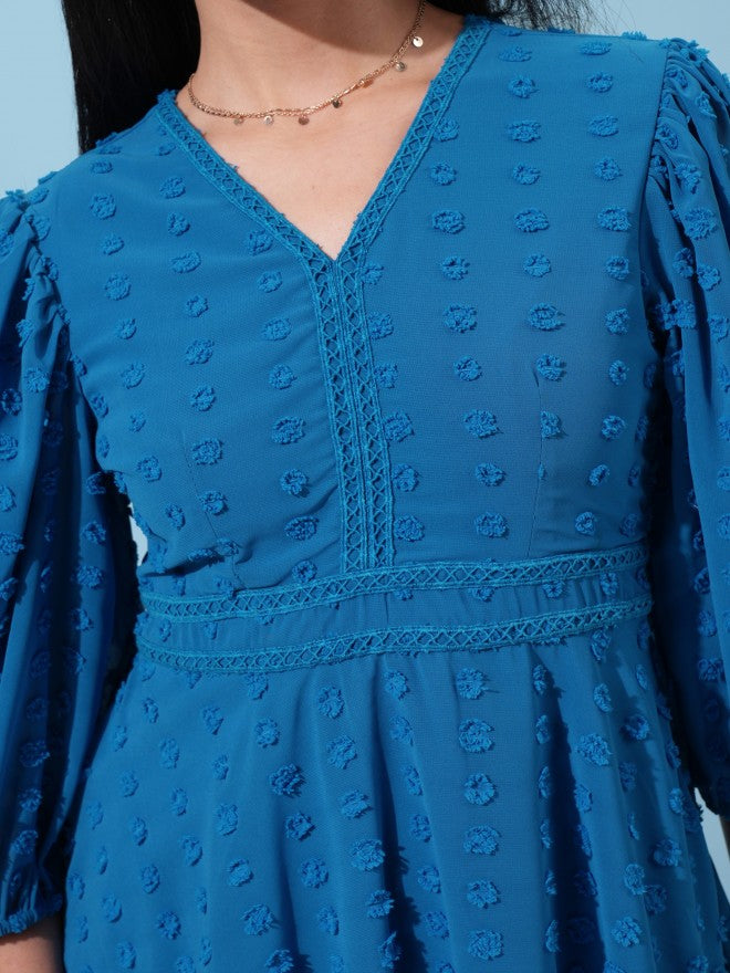 Tokyo Talkies Women Blue Self Design Fit and Flare Dress - Blue - Image 5