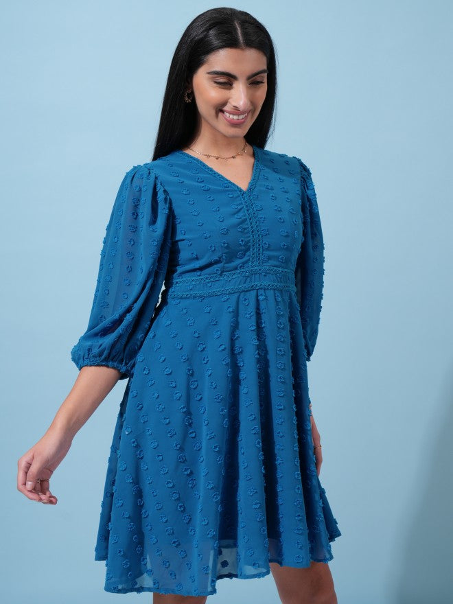 Tokyo Talkies Women Blue Self Design Fit and Flare Dress - Blue - Image 6