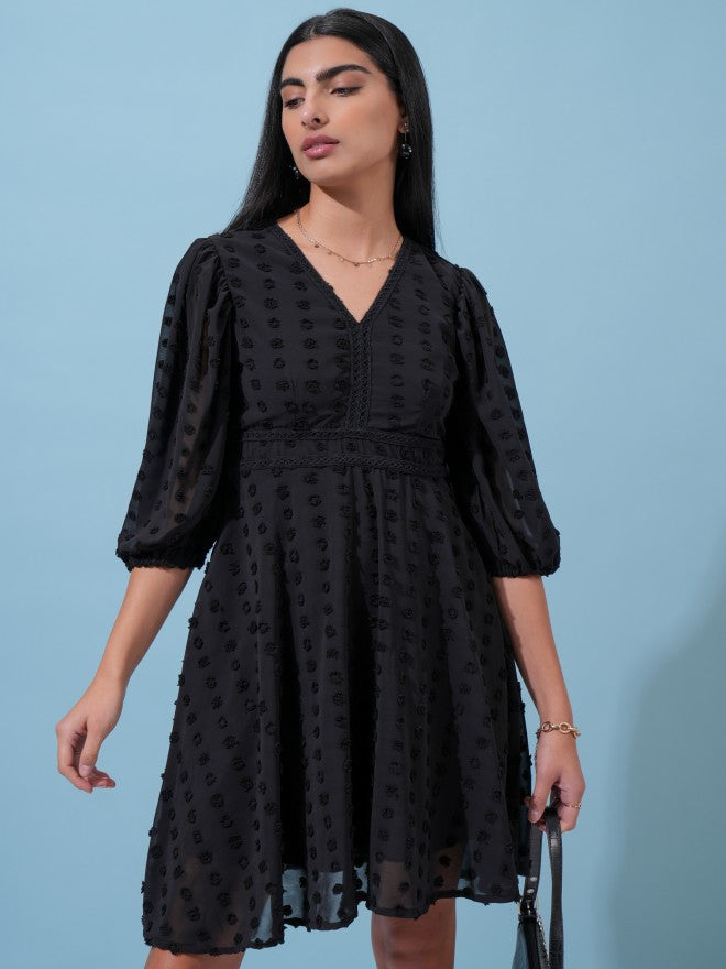 Tokyo Talkies Women Black Self Design Fit and Flare Dress - Black - Image 1