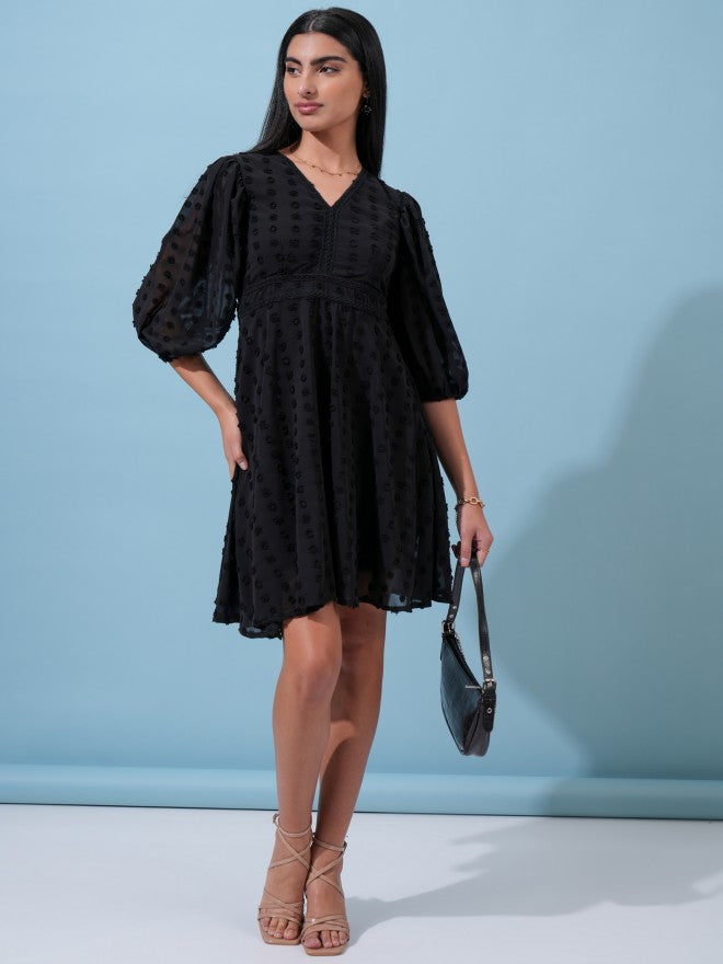 Tokyo Talkies Women Black Self Design Fit and Flare Dress - Black - Image 2
