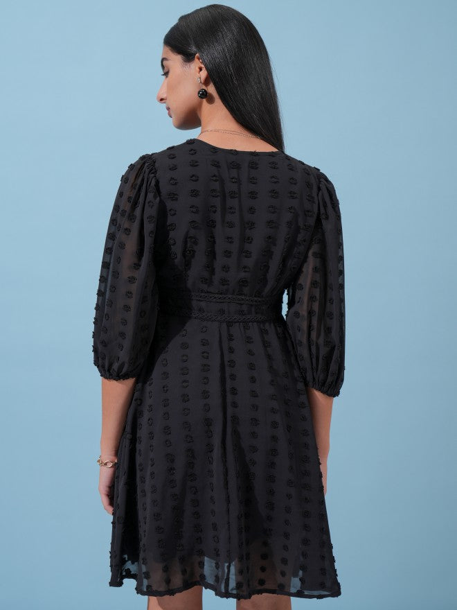 Tokyo Talkies Women Black Self Design Fit and Flare Dress - Black - Image 3