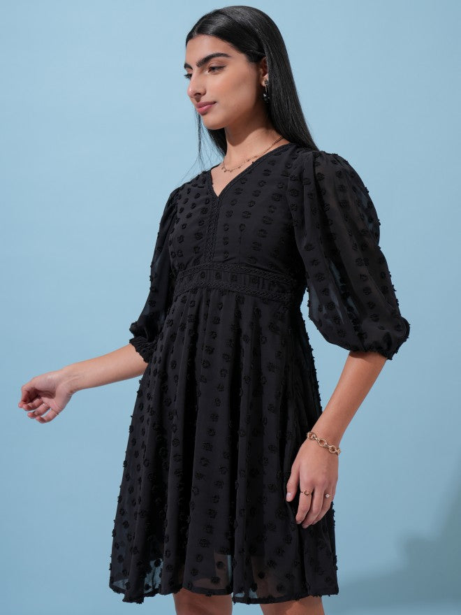 Tokyo Talkies Women Black Self Design Fit and Flare Dress - Black - Image 4