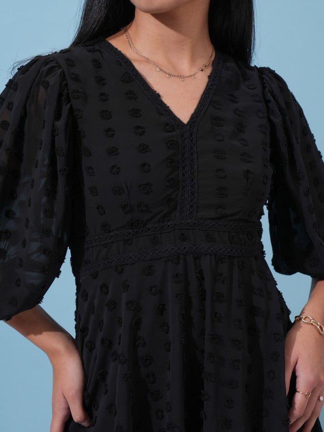 Tokyo Talkies Women Black Self Design Fit and Flare Dress - Black - Image 5