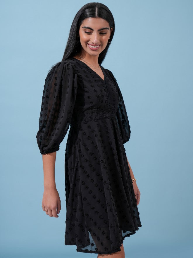 Tokyo Talkies Women Black Self Design Fit and Flare Dress - Black - Image 6