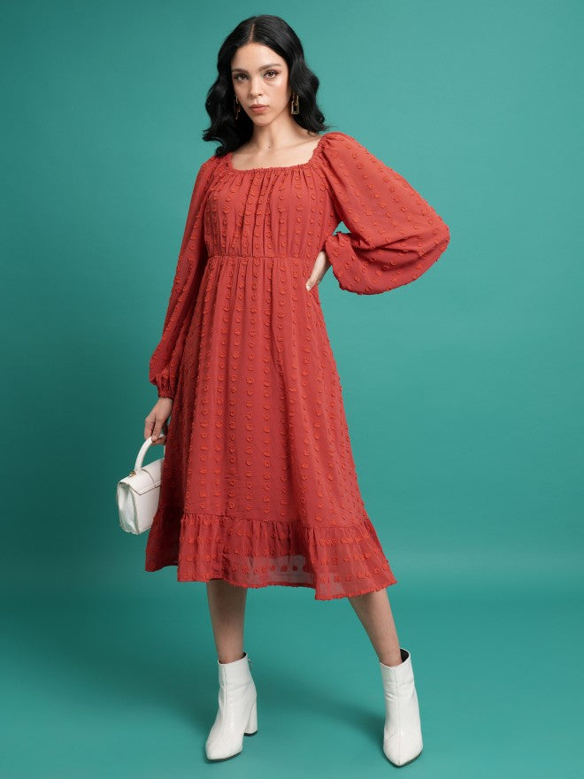 Tokyo Talkies Women Red Self Design A-Line Dress - Red - Image 1