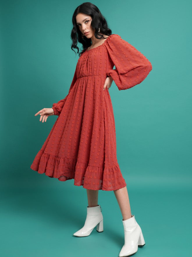 Tokyo Talkies Women Red Self Design A-Line Dress - Red - Image 2
