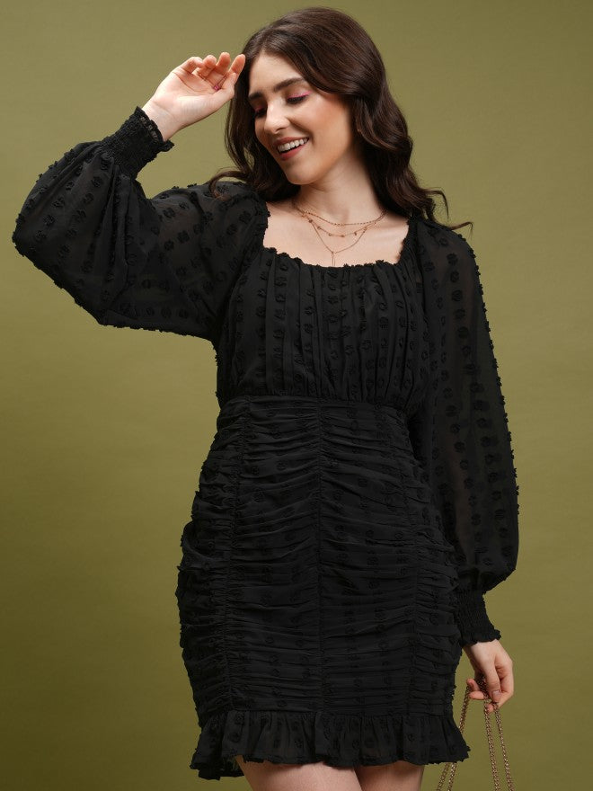 Tokyo Talkies Women Black Self Design Fit And Flare Dress - Black - Image 1