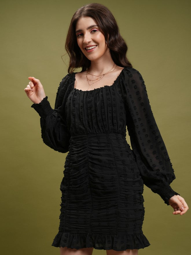 Tokyo Talkies Women Black Self Design Fit And Flare Dress - Black - Image 4