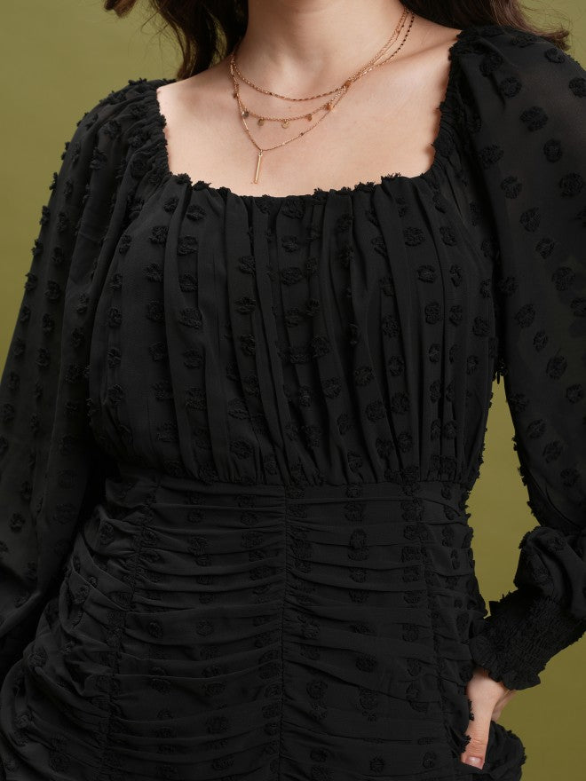 Tokyo Talkies Women Black Self Design Fit And Flare Dress - Black - Image 5