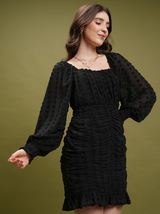 Tokyo Talkies Women Black Self Design Fit And Flare Dress - Black - Image 6