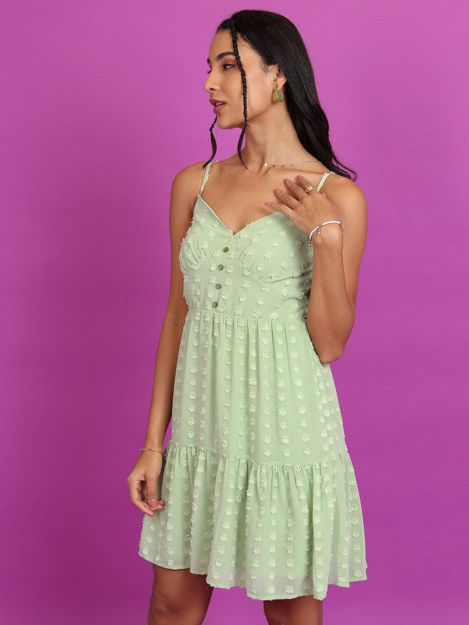 Tokyo Talkies Women Green Self Design A-Line Dress - Green - Image 4