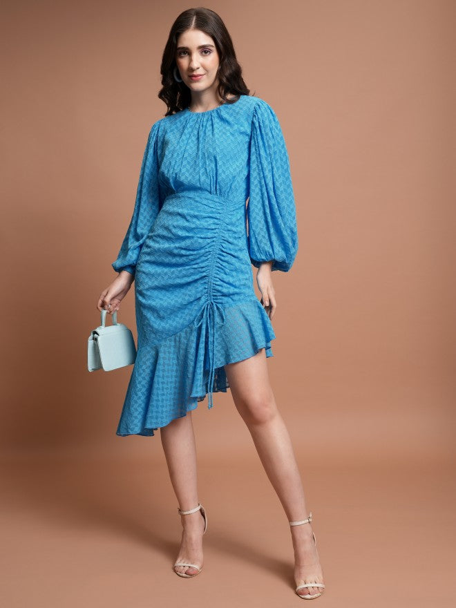 Tokyo Talkies Women Blue Self Design Fit And Flare Dress - Blue - Image 1