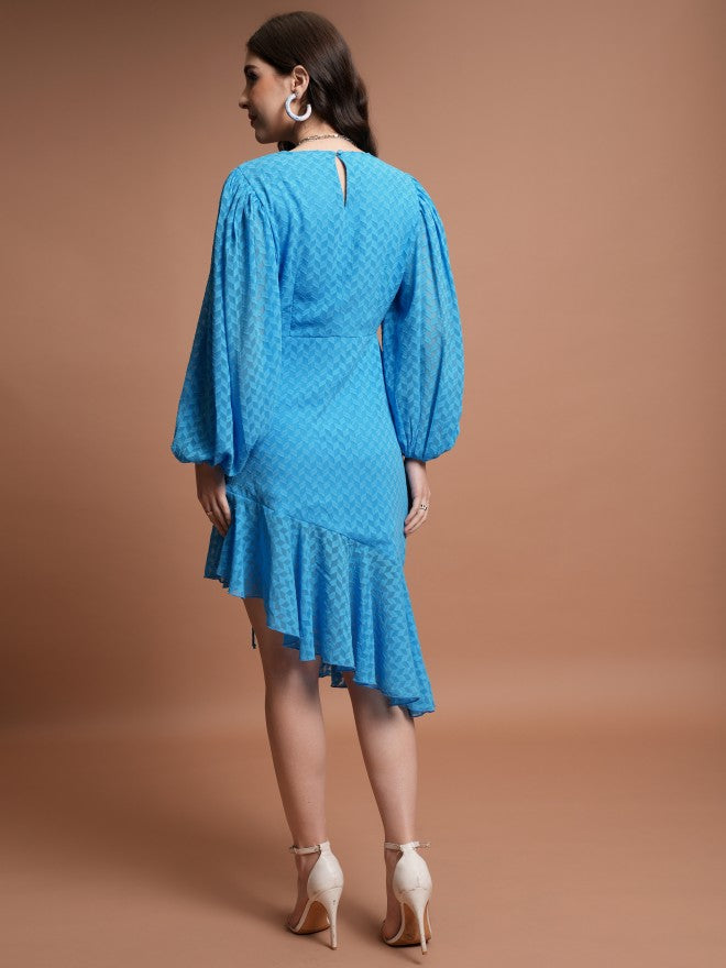 Tokyo Talkies Women Blue Self Design Fit And Flare Dress - Blue - Image 3