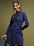 Tokyo Talkies Women Blue Solid Wrap Dress - Blue - Image 1