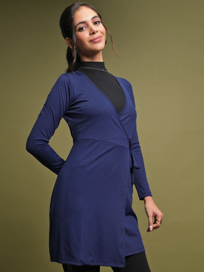 Tokyo Talkies Women Blue Solid Wrap Dress - Blue - Image 6