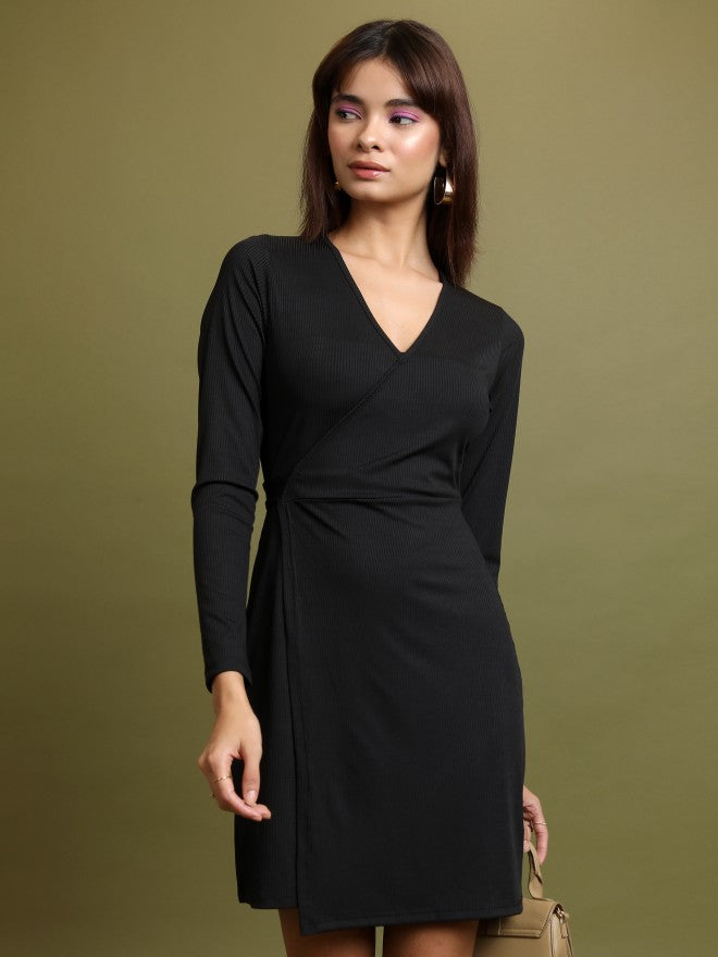 Tokyo Talkies Women Black Solid Wrap Dress - Black - Image 1