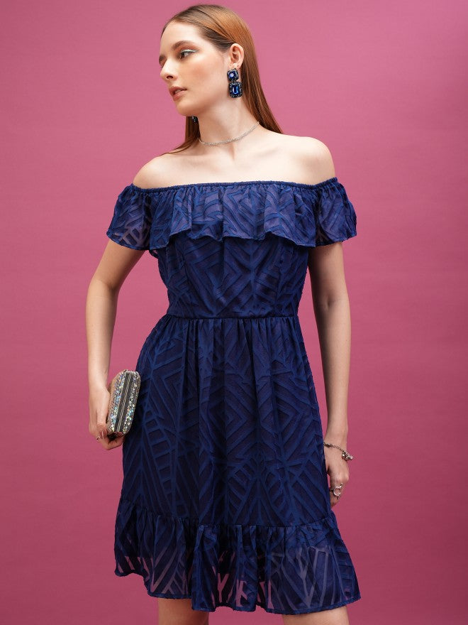 Printed Fit & Flare Dress - Navy Blue - Image 1