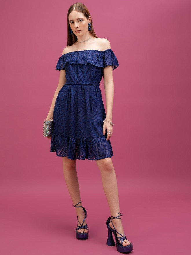 Printed Fit & Flare Dress - Navy Blue - Image 2