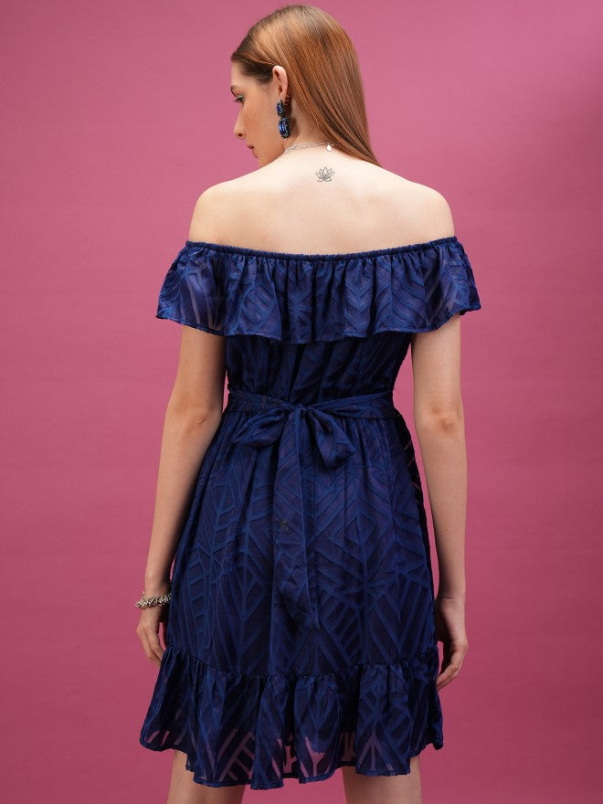 Printed Fit & Flare Dress - Navy Blue - Image 3