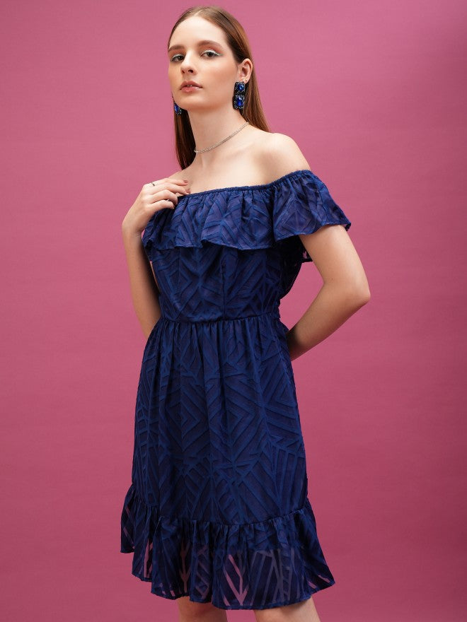Printed Fit & Flare Dress - Navy Blue - Image 4