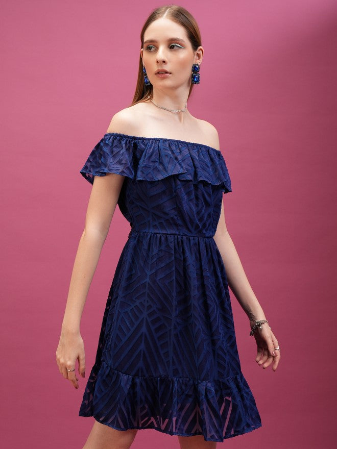 Printed Fit & Flare Dress - Navy Blue - Image 6