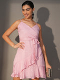 Tokyo Talkies Women Pink Wrap Self Design Dress - Pink - Image 1