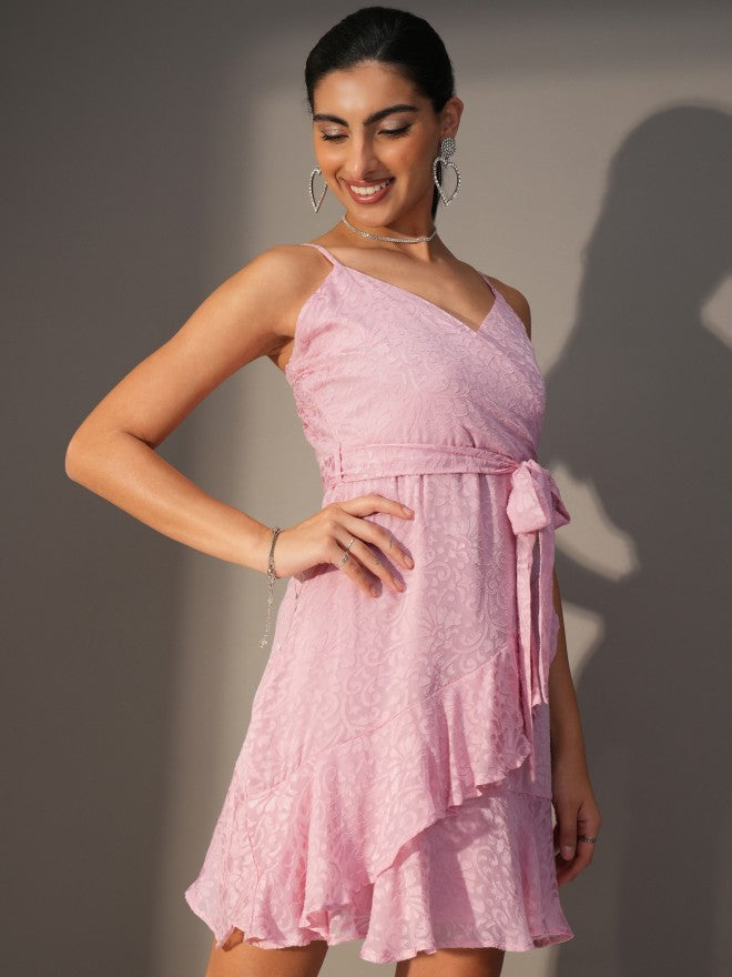 Tokyo Talkies Women Pink Wrap Self Design Dress - Pink - Image 6
