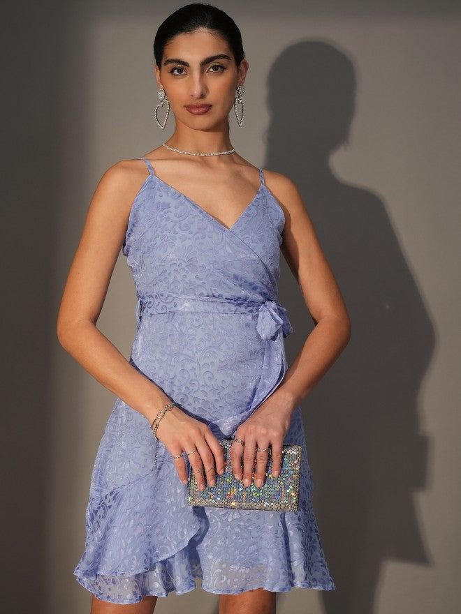Tokyo Talkies Women Blue Wrap Self Design Dress - Blue - Image 1