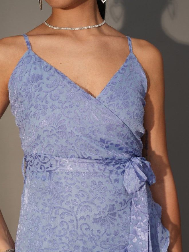 Tokyo Talkies Women Blue Wrap Self Design Dress - Blue - Image 5
