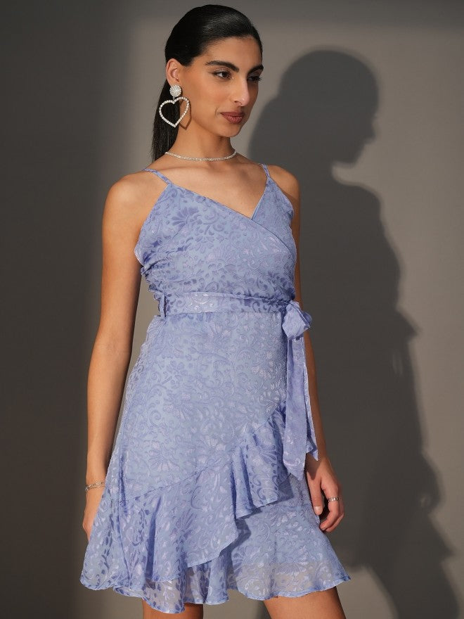 Tokyo Talkies Women Blue Wrap Self Design Dress - Blue - Image 6