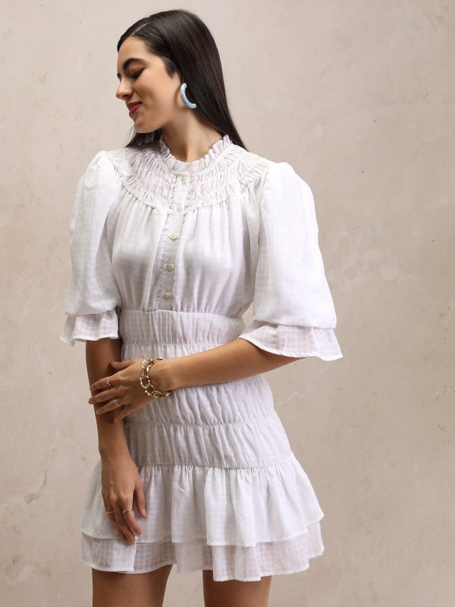 Tokyo Talkies Women White Checked Fit And Flare Dress - White - Image 4