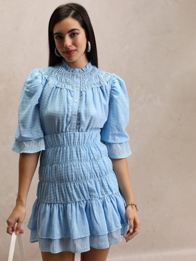 Checked Fit & Flare Dress - Blue - Image 1