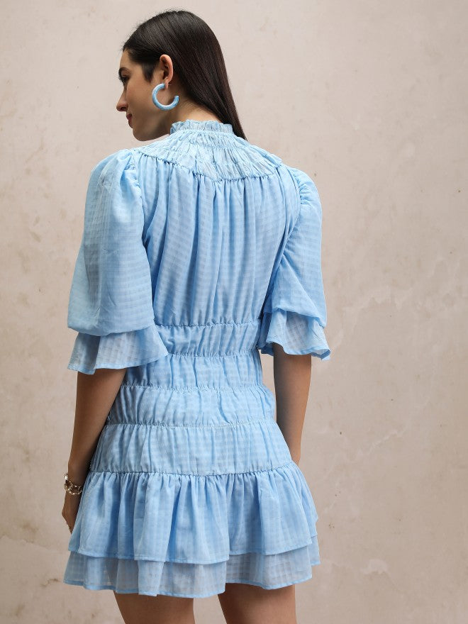 Checked Fit & Flare Dress - Blue - Image 3