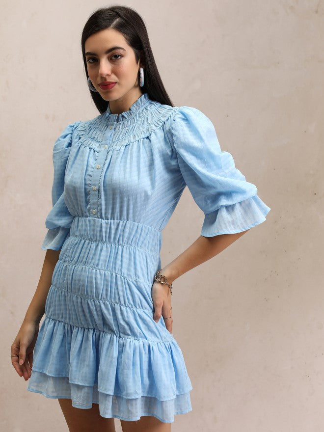 Checked Fit & Flare Dress - Blue - Image 4