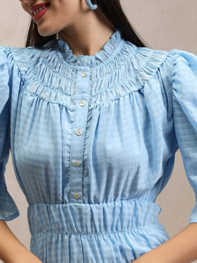Checked Fit & Flare Dress - Blue - Image 5