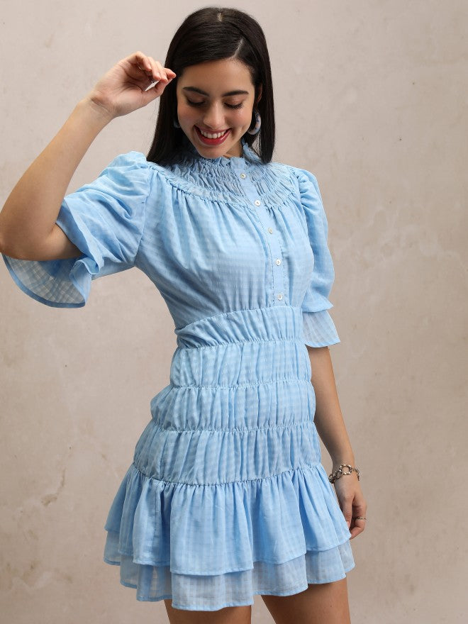 Checked Fit & Flare Dress - Blue - Image 6