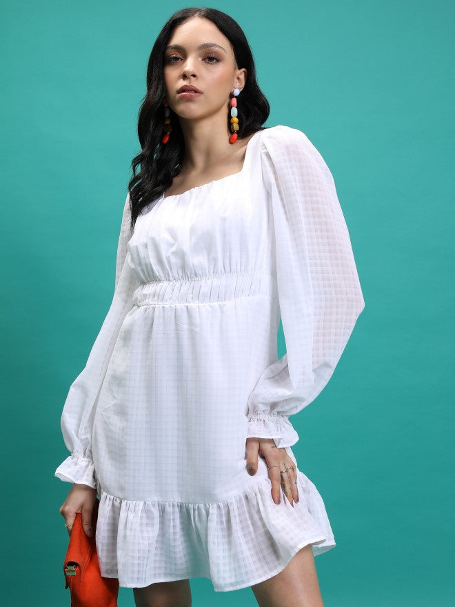 Tokyo Talkies Women White Checked Fit & Flare Dress - White - Image 1