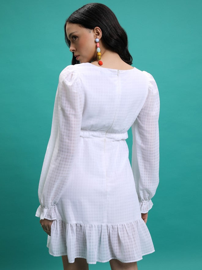 Tokyo Talkies Women White Checked Fit & Flare Dress - White - Image 3