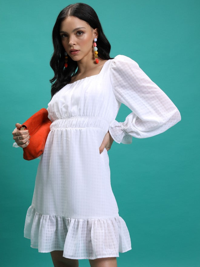 Tokyo Talkies Women White Checked Fit & Flare Dress - White - Image 4