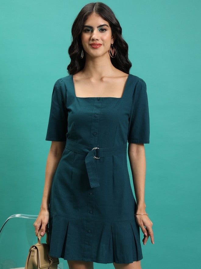 Tokyo Talkies Women Teal Solid Sheath Dress - Teal - Image 1