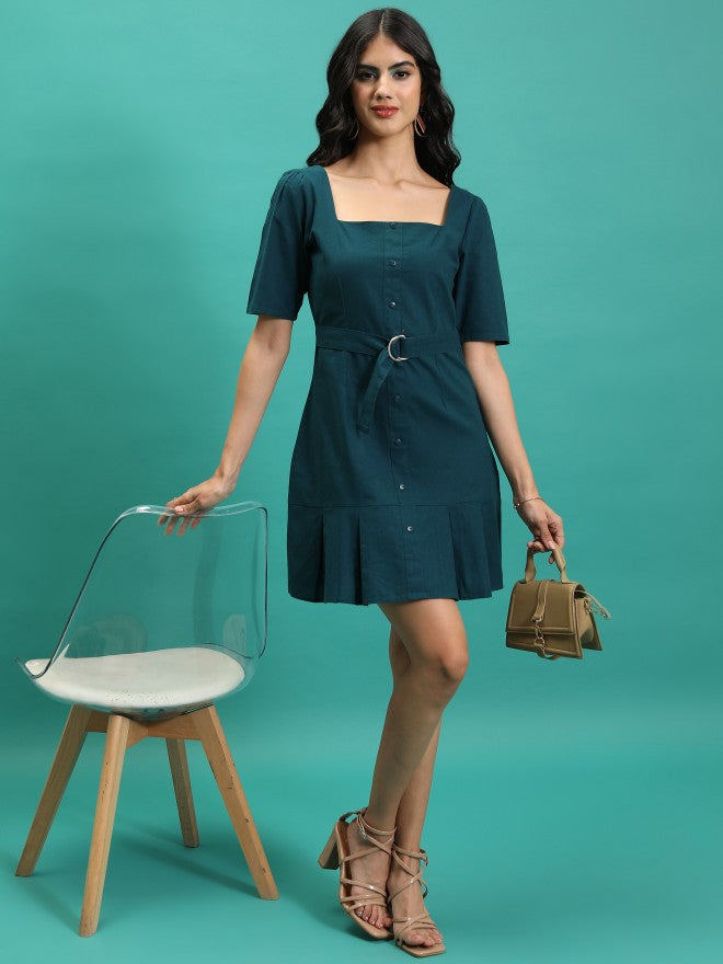 Tokyo Talkies Women Teal Solid Sheath Dress - Teal - Image 2